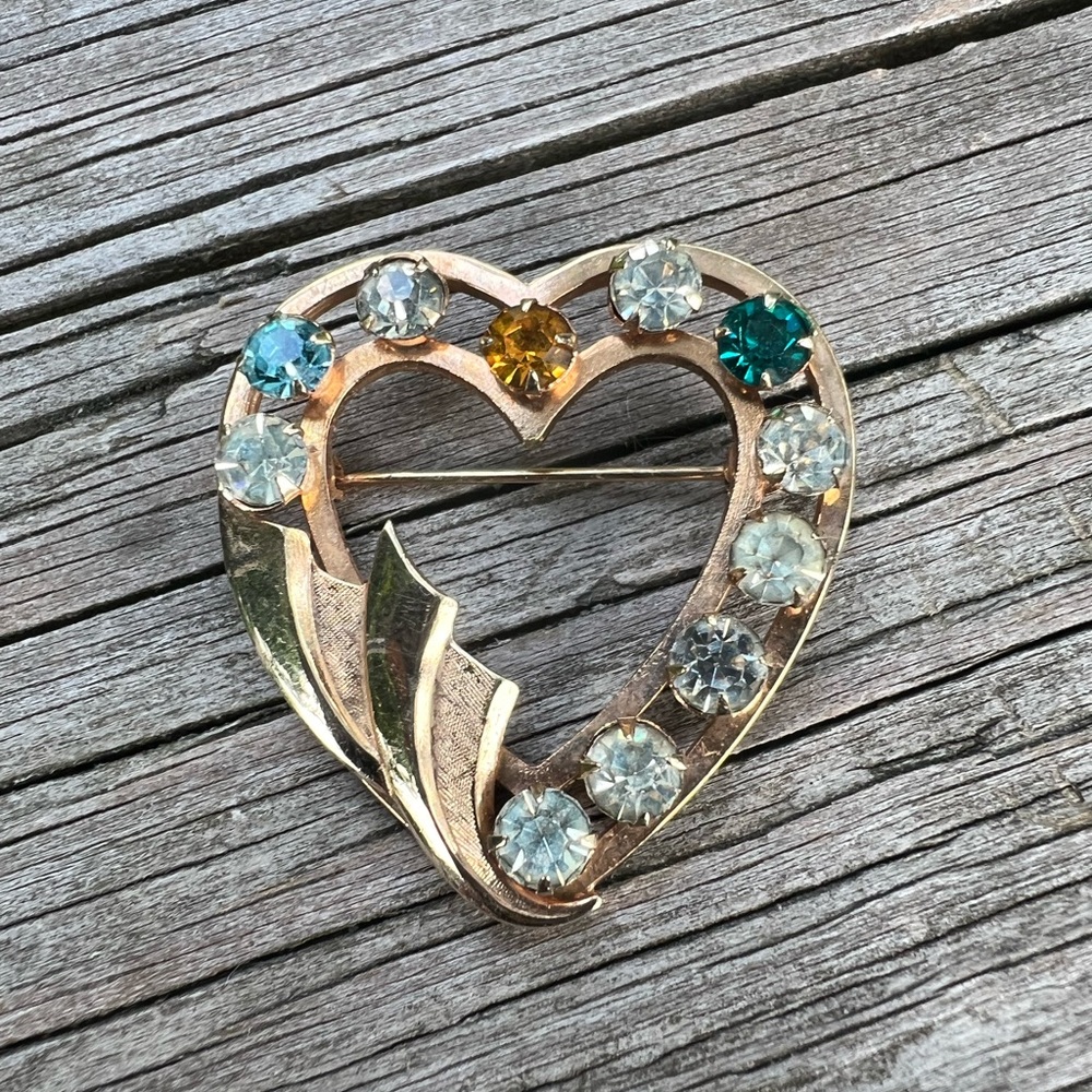 Vintage Catamore Rhinestone Heart Pin/Brooch 1/20 12K Goldtone Preowned